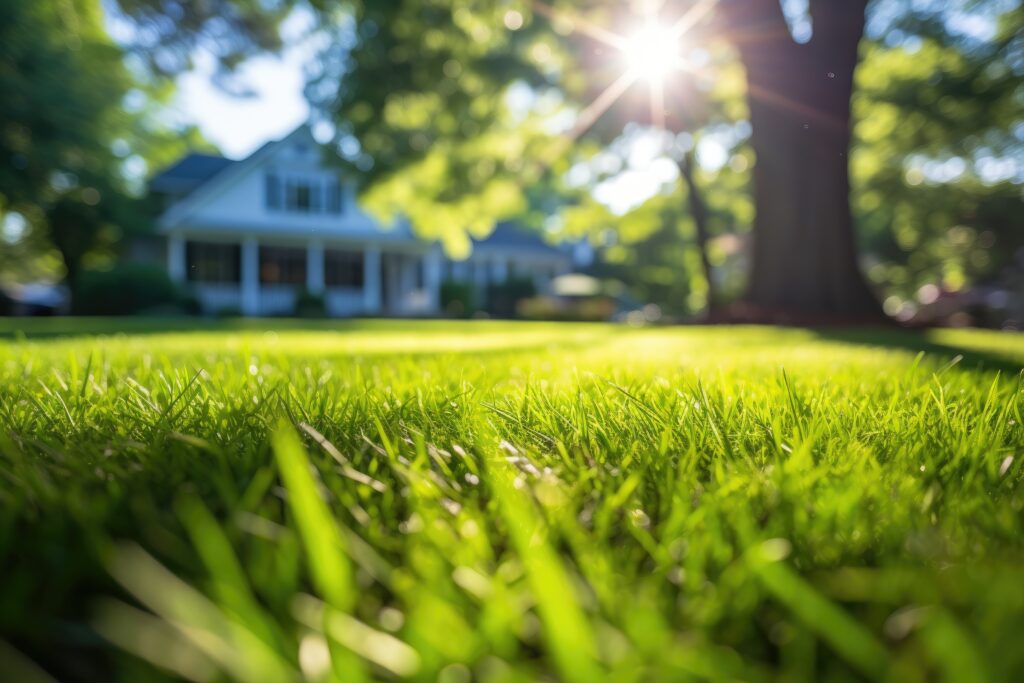 A beautiful lush green lawn in the morning with a modern house in the background Greenwood Lawn Care Bend Oregon